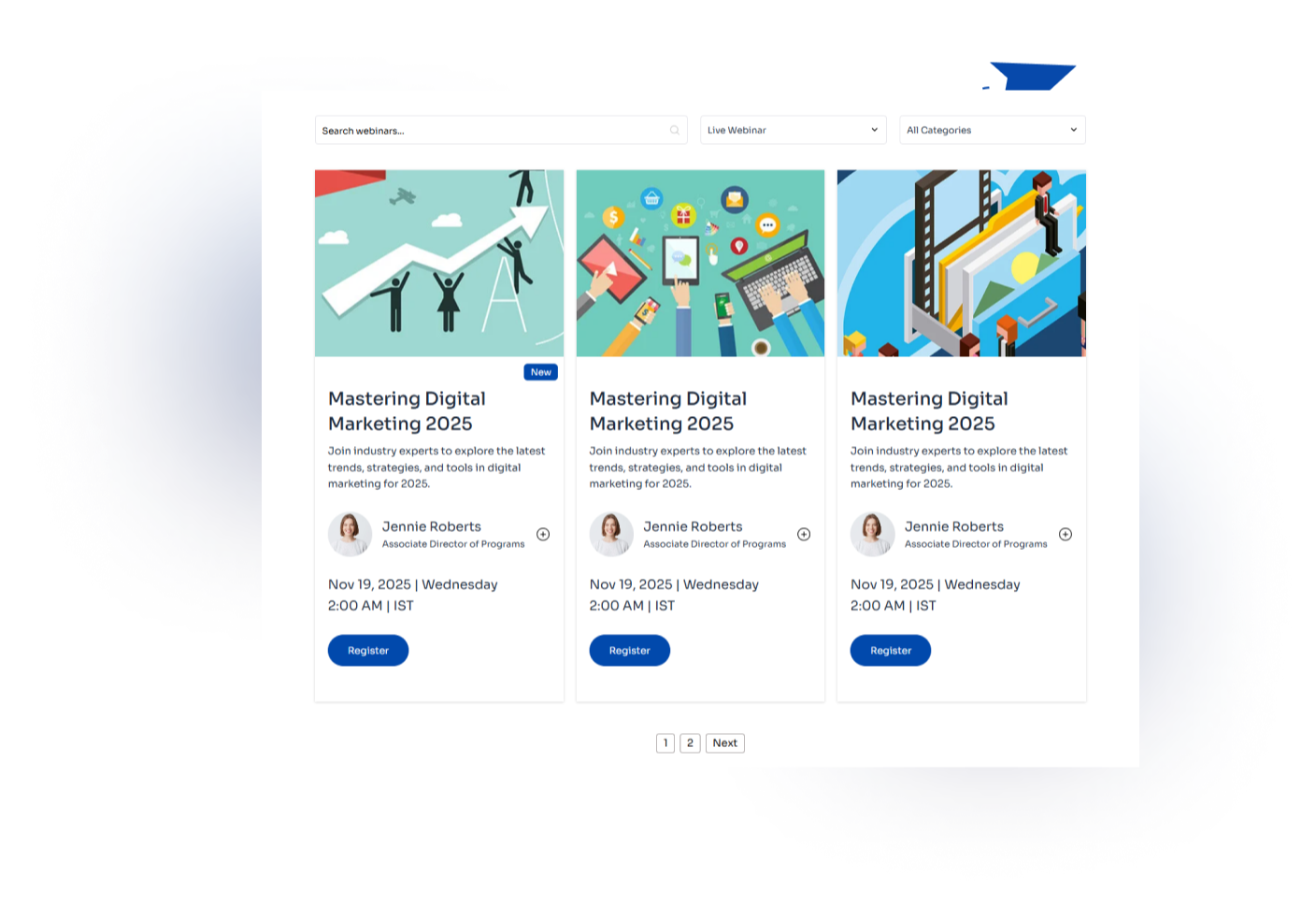 Pick a live webinar to showcase your post, image-free, with a built-in register button.