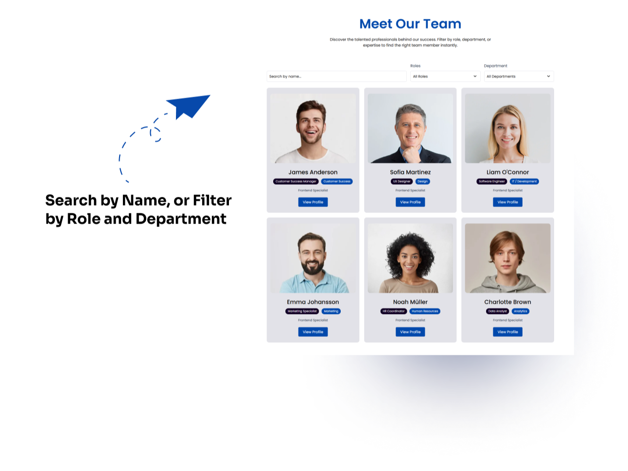Search by Name, or Filter by Role and Department