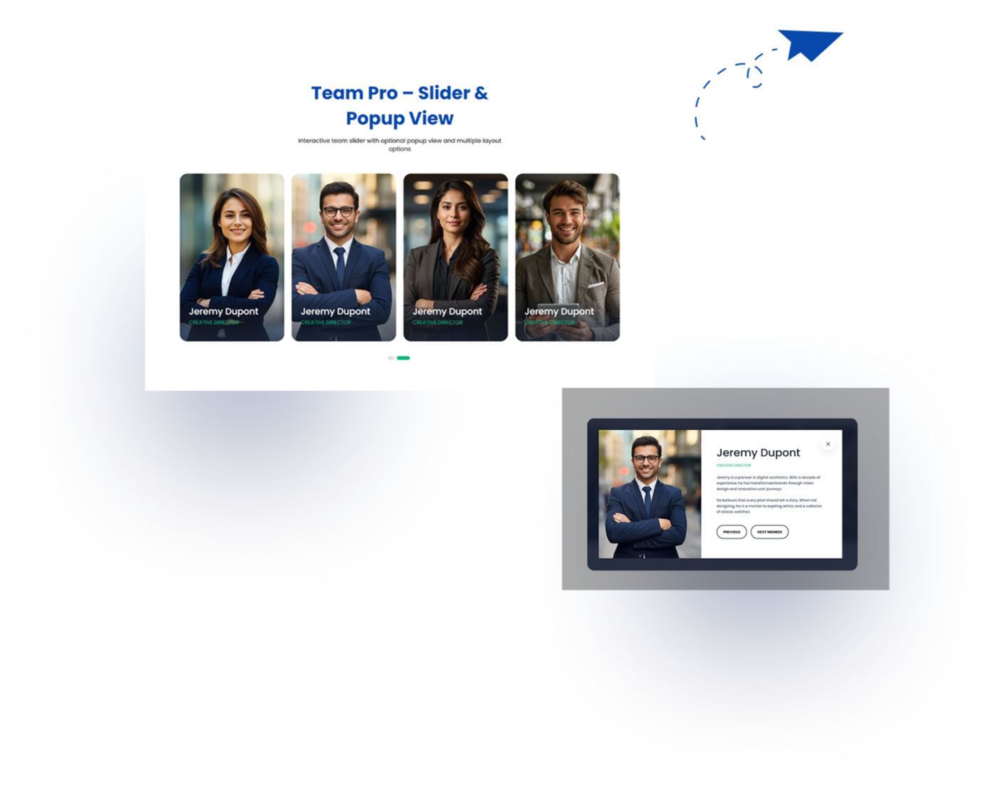 Display your team in slider mode with an interactive popup view.