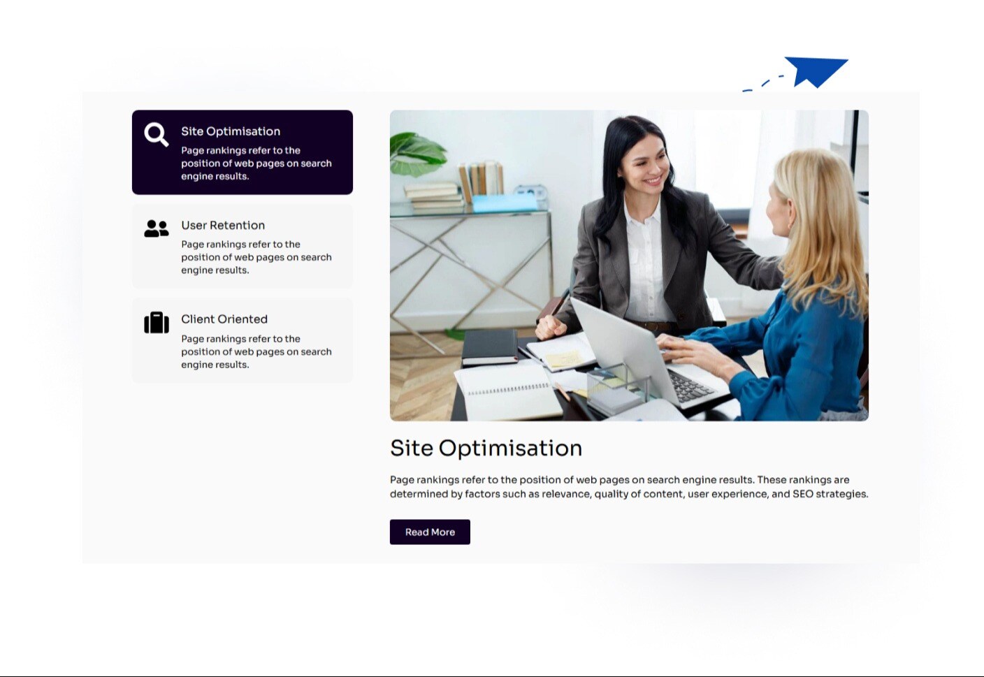 Vertical tabs on the left enable easy navigation, showing content, images, and buttons.