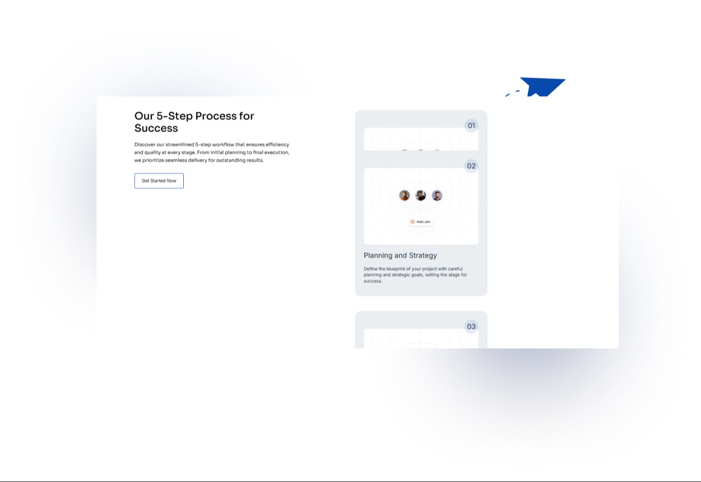 Interactive sticky process cards with content.