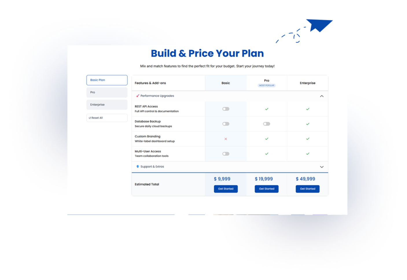 Build flexible pricing plans with checkbox-based totals