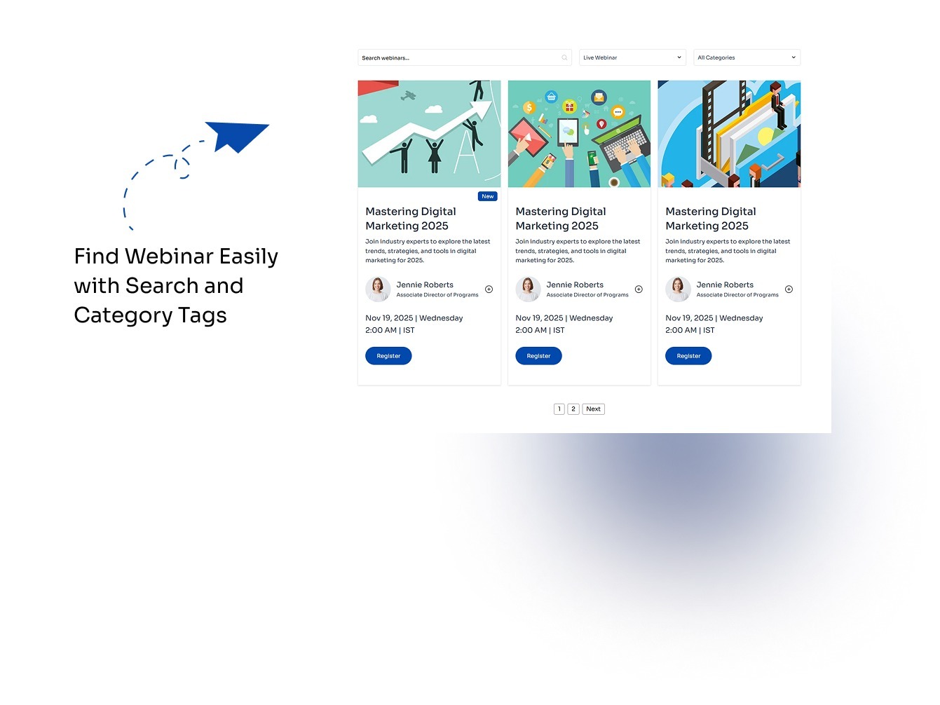Search or filter webinar posts by category tags