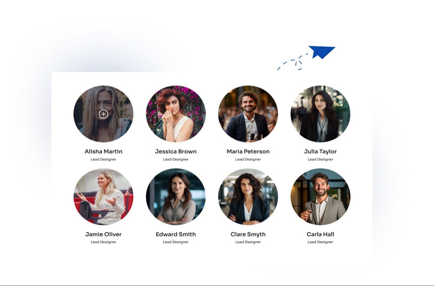 Displays user’s description and social icons in a popup when clicking on the image.