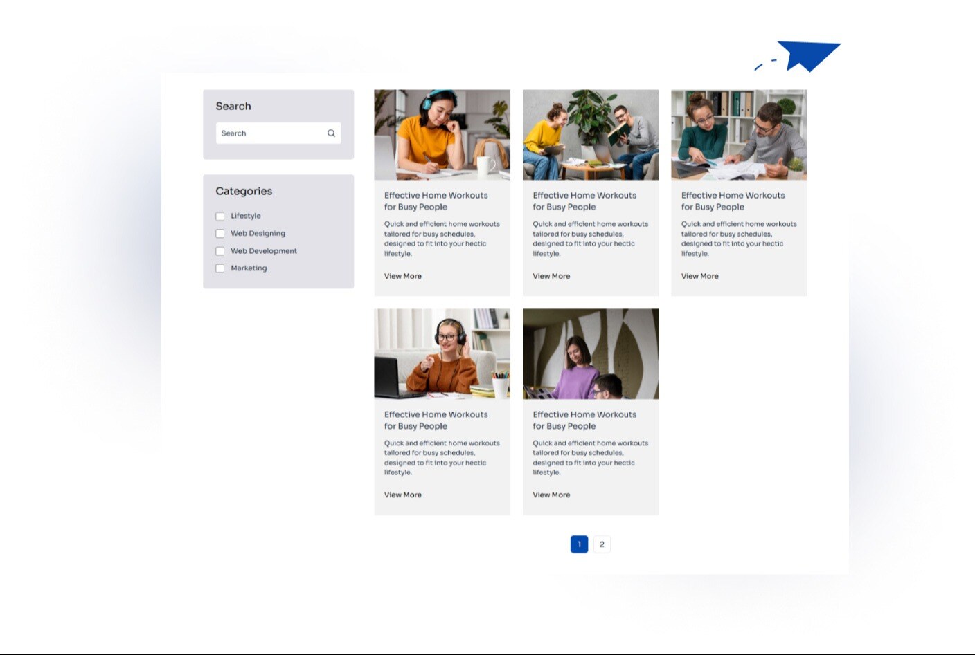 Display three posts per row for a compact, organized, and balanced layout with pagination.